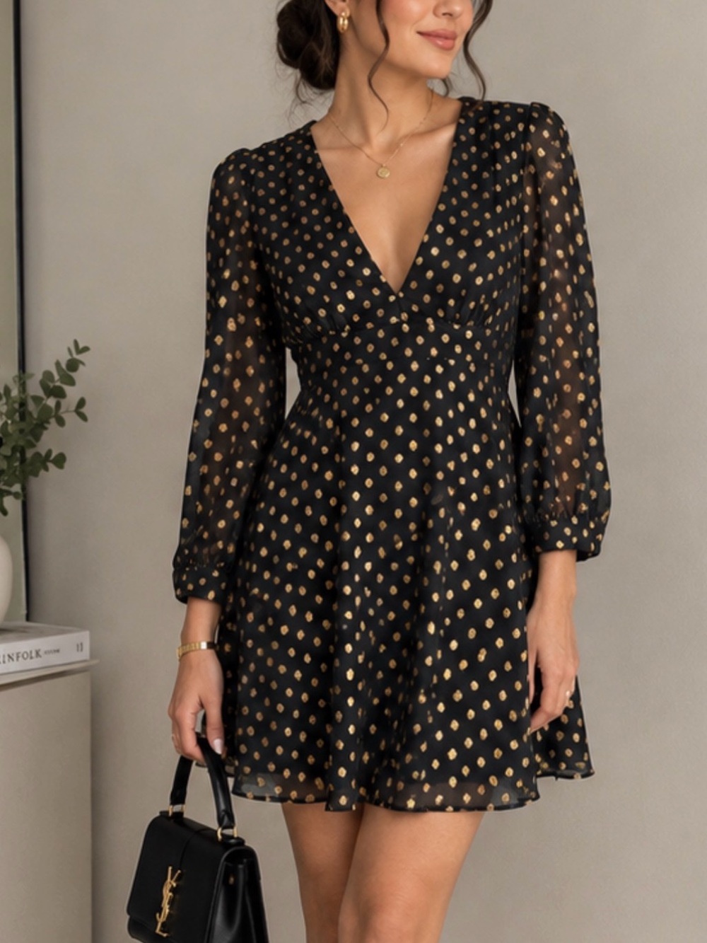 Black & Gold Polka Dot V-Neck Mini Dress